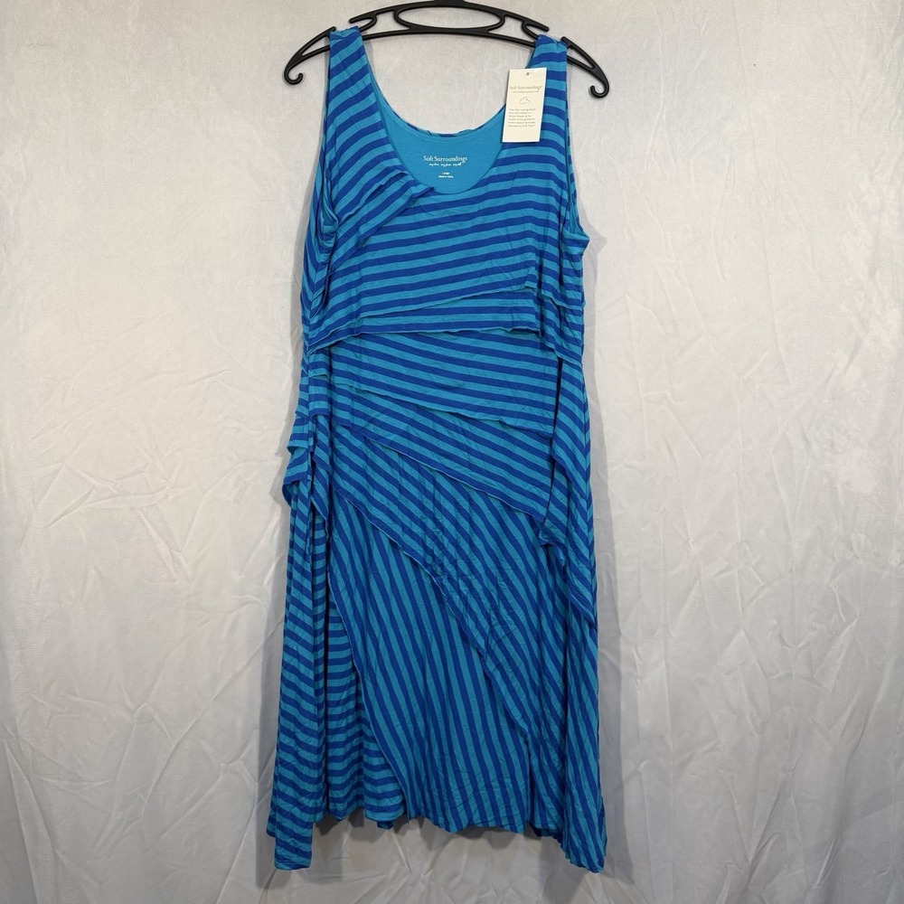 soft surroundings Summer Dress LP Dylan Layered Blue Striped L NEW Rayon‎